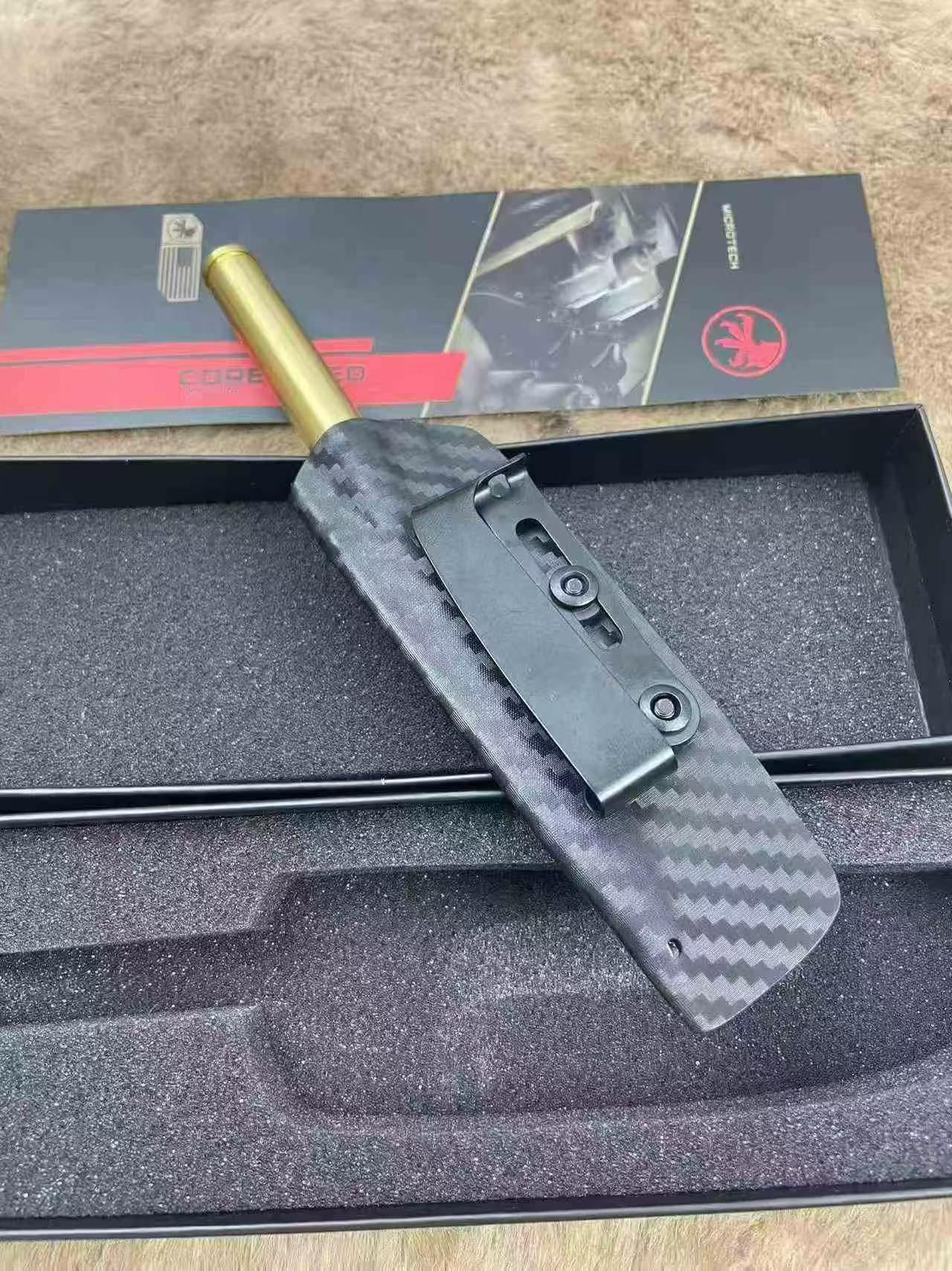 14C28N Fixed Blade Tool | Brass Bullet Handle | Carbon Fiber Kydex Sheath