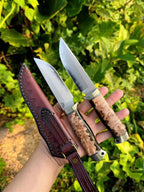 SKD11 Full Tang Fixed Blade Outdoor Knife | Burl Wood Handle & Leather Sheath