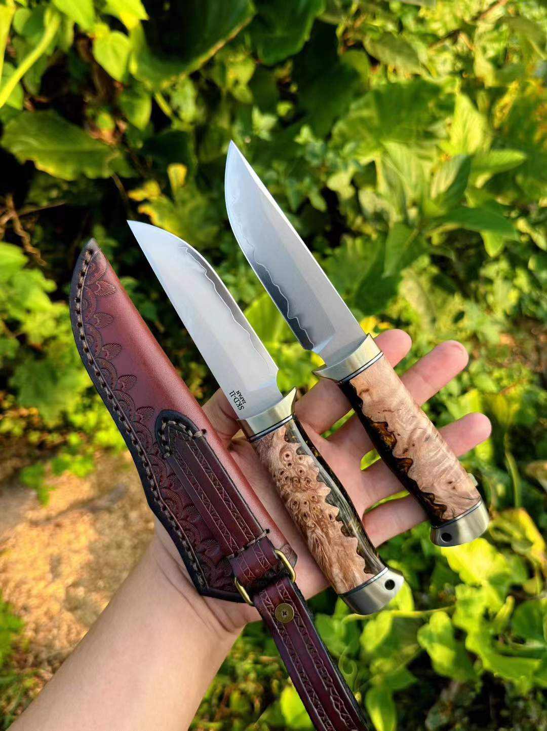 SKD11 Full Tang Fixed Blade Outdoor Knife | Burl Wood Handle & Leather Sheath