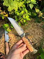 SKD11 Full Tang Fixed Blade Outdoor Knife | Burl Wood Handle & Leather Sheath
