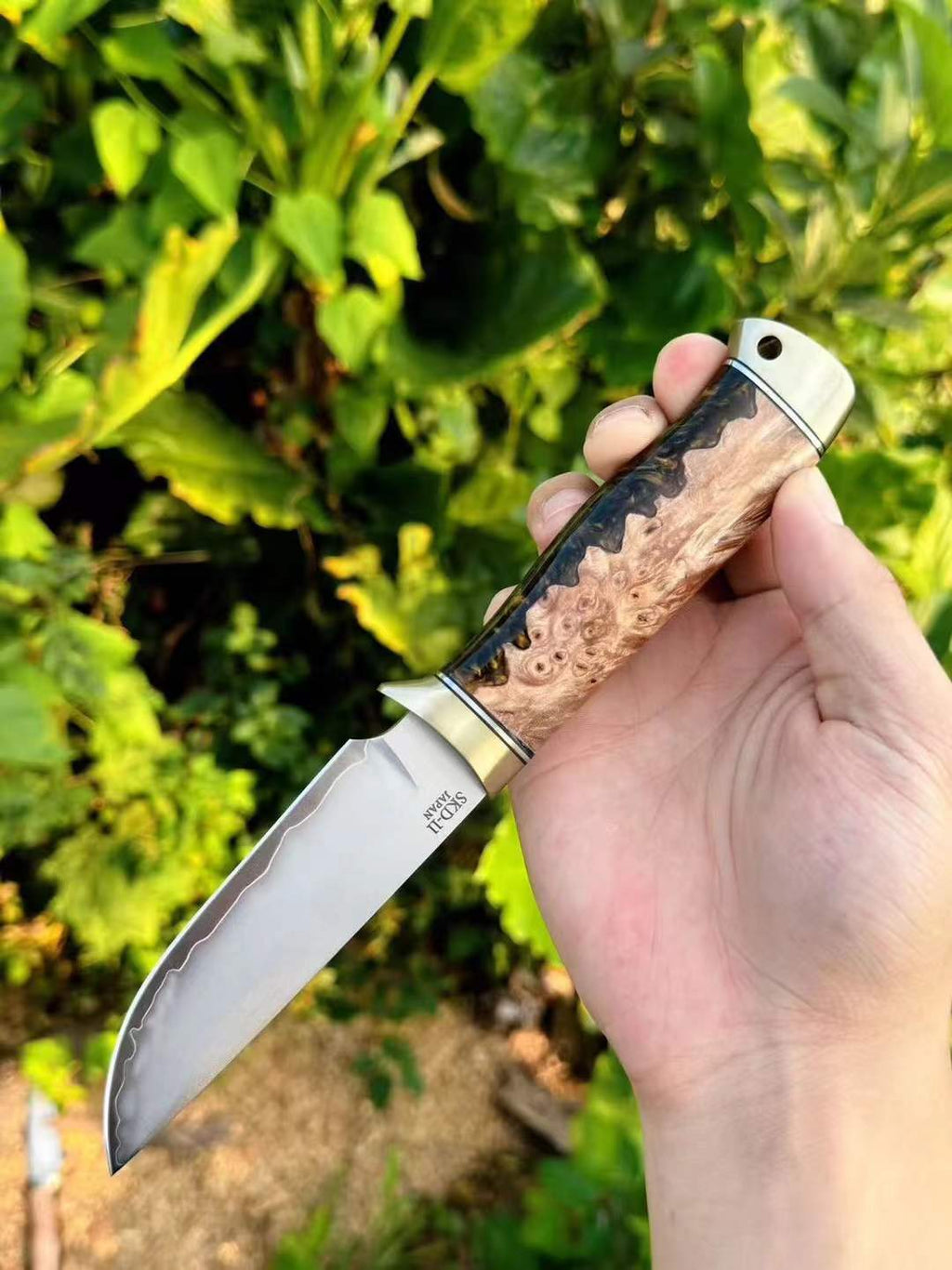 SKD11 Full Tang Fixed Blade Outdoor Knife | Burl Wood Handle & Leather Sheath