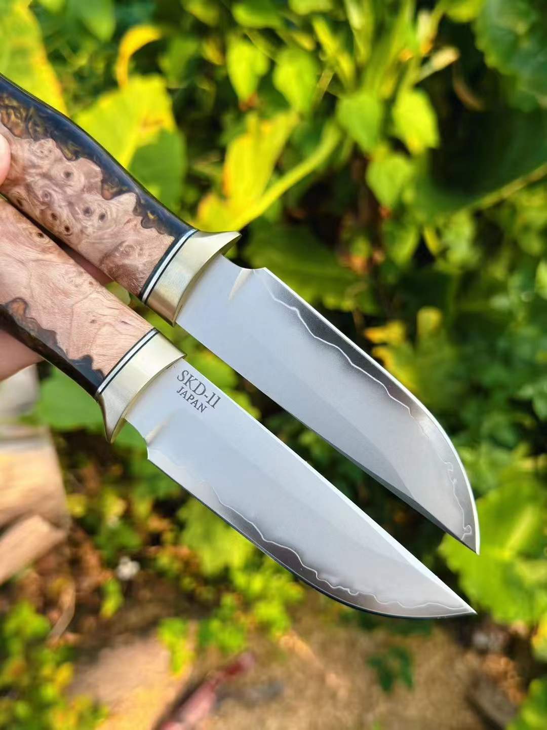 SKD11 Full Tang Fixed Blade Outdoor Knife | Burl Wood Handle & Leather Sheath