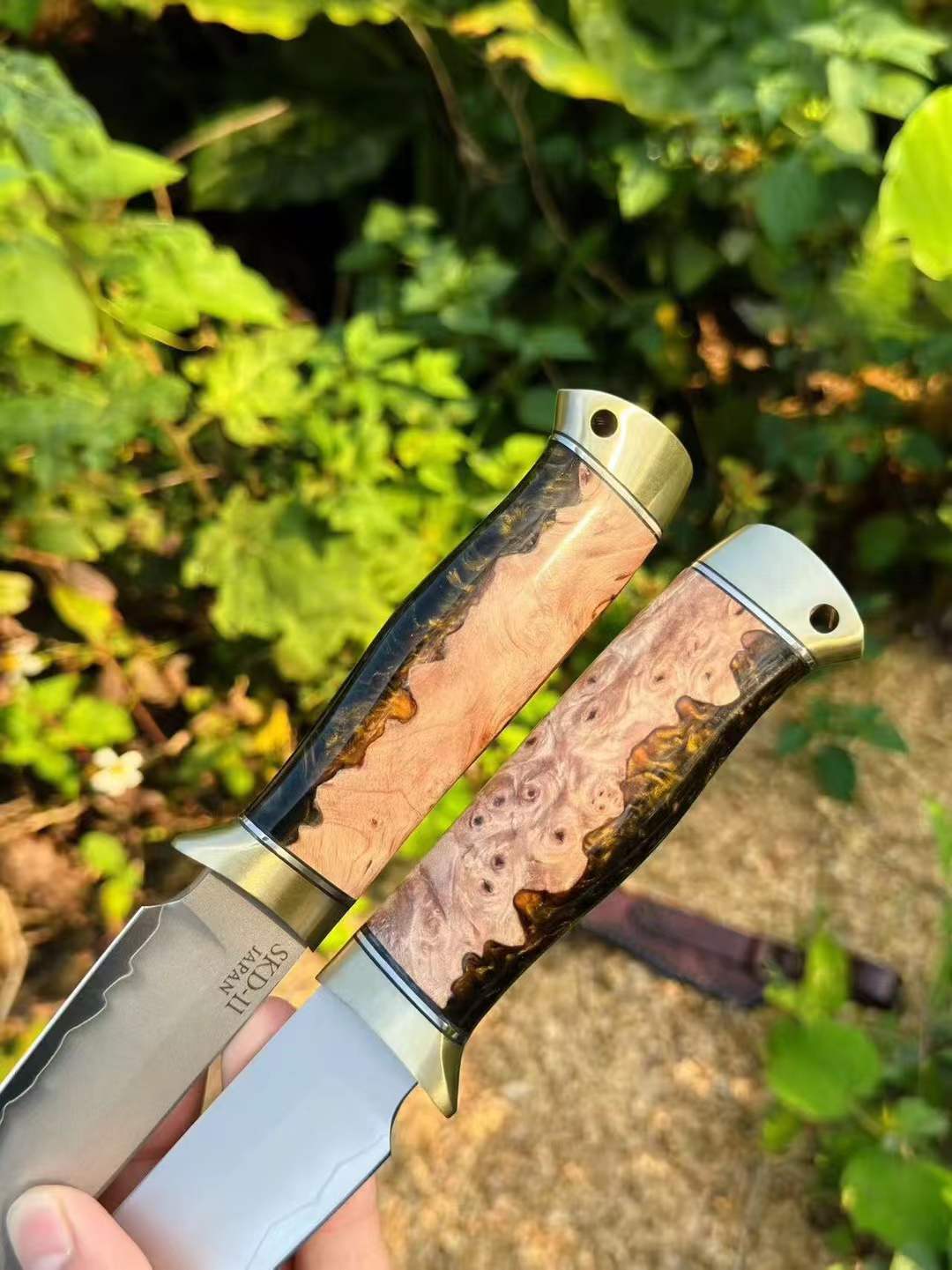 SKD11 Full Tang Fixed Blade Outdoor Knife | Burl Wood Handle & Leather Sheath