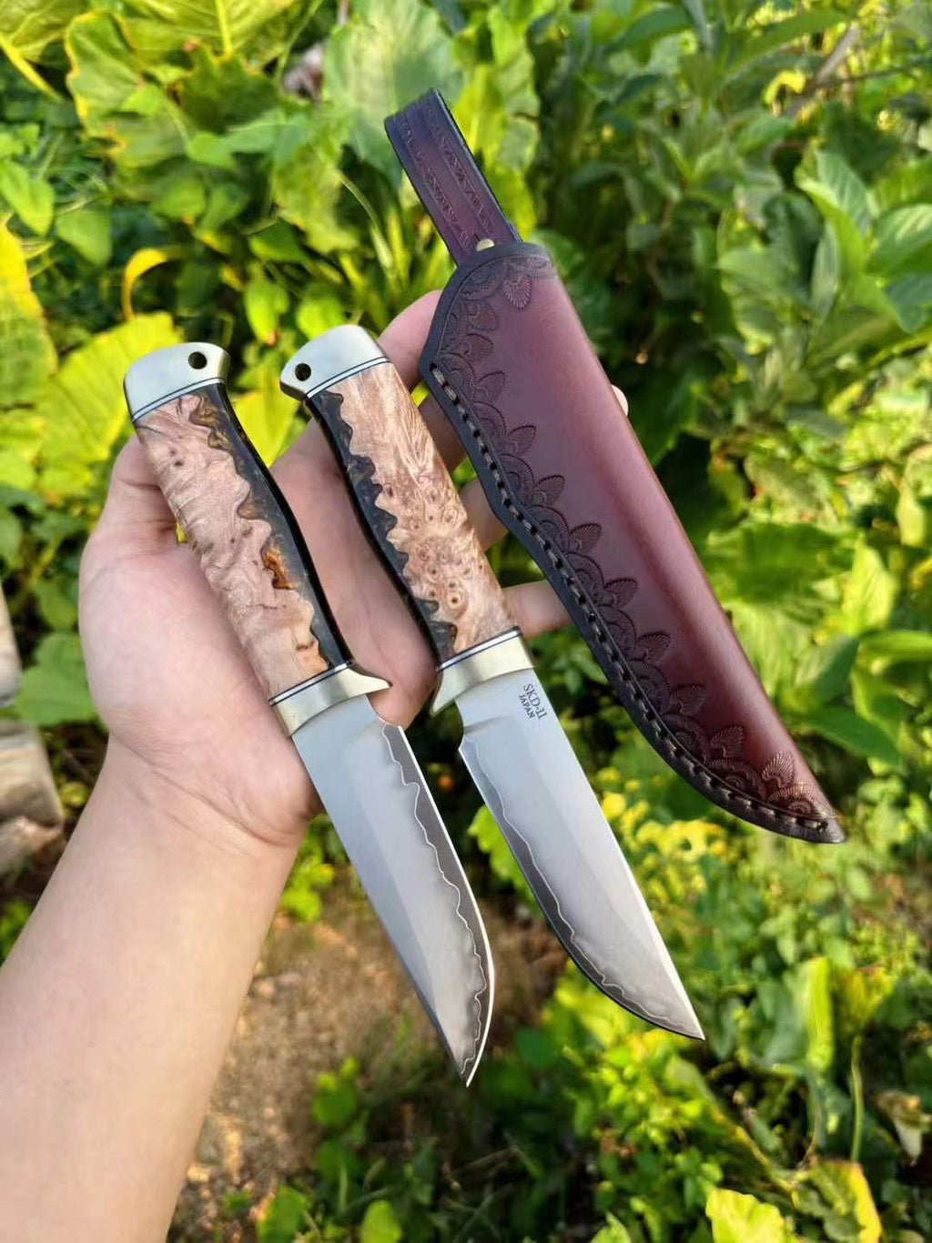 SKD11 Full Tang Fixed Blade Outdoor Knife | Burl Wood Handle & Leather Sheath