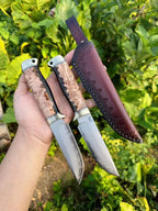 SKD11 Full Tang Fixed Blade Outdoor Knife | Burl Wood Handle & Leather Sheath
