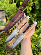 SKD11 Full Tang Fixed Blade Outdoor Knife | Burl Wood Handle & Leather Sheath