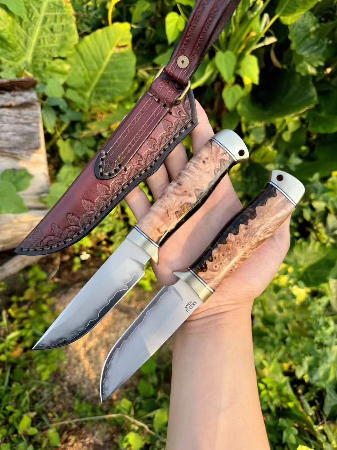 SKD11 Full Tang Fixed Blade Outdoor Knife | Burl Wood Handle & Leather Sheath