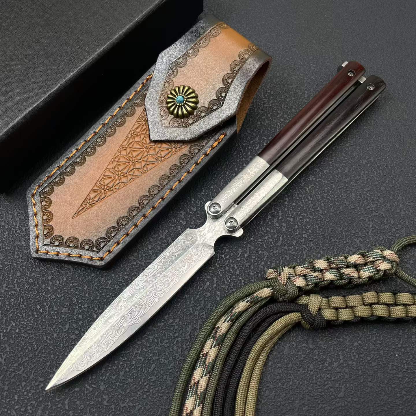 Damascus Butterfly Tool – 228-Layer VG10 Steel | Rosewood & CNC Steel Handle