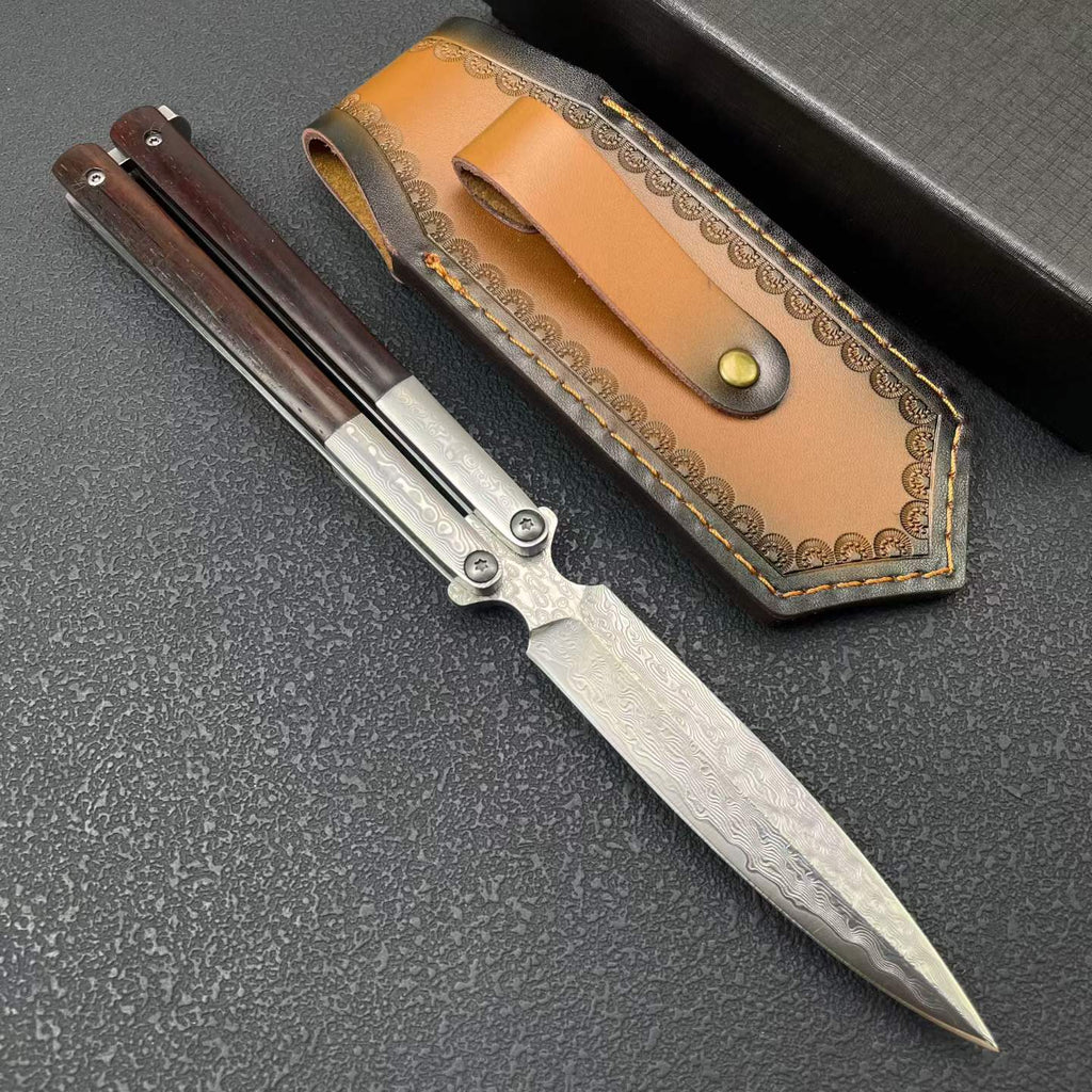 Damascus Butterfly Tool – 228-Layer VG10 Steel | Rosewood & CNC Steel Handle