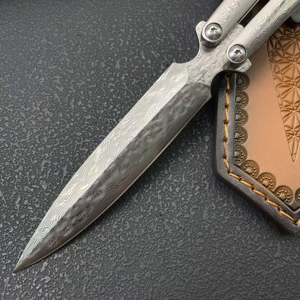 Damascus Butterfly Tool – 228-Layer VG10 Steel | Rosewood & CNC Steel Handle