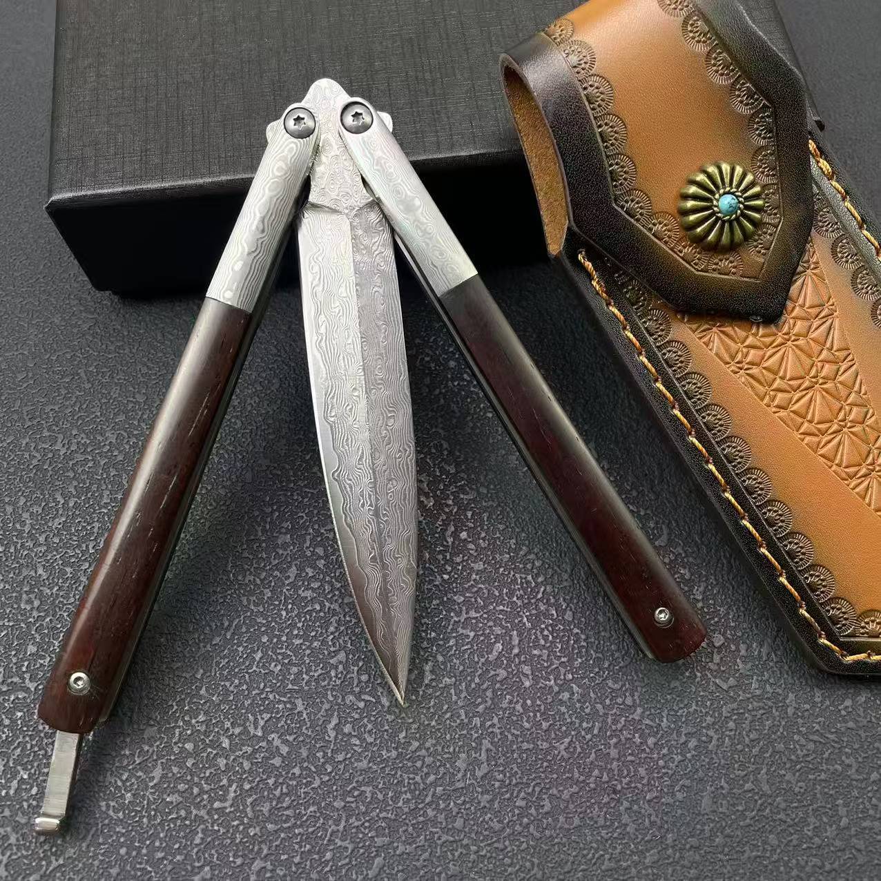 Damascus Butterfly Tool – 228-Layer VG10 Steel | Rosewood & CNC Steel Handle