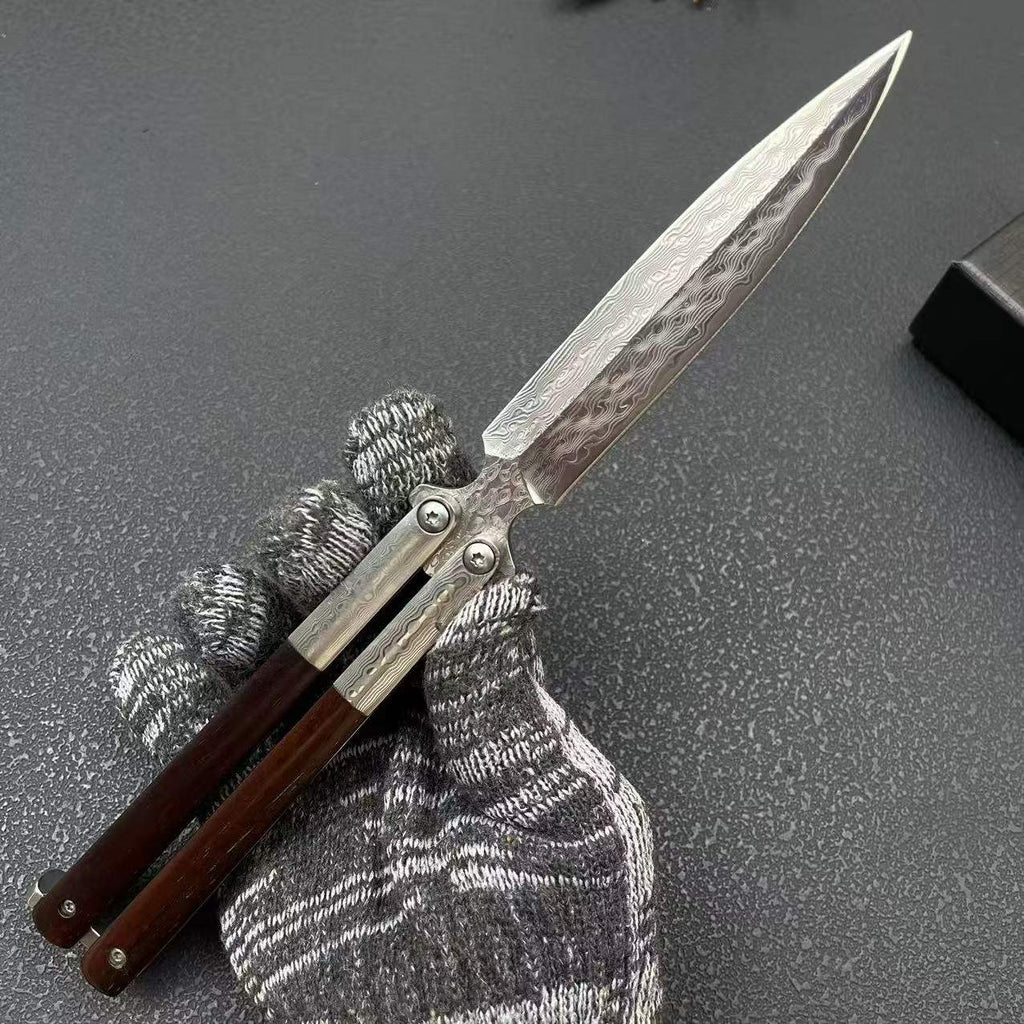 Damascus Butterfly Tool – 228-Layer VG10 Steel | Rosewood & CNC Steel Handle