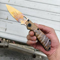D2 Steel EDC Folding Pocket Knife | CNC Titanium Handle & Flame Finish Blade