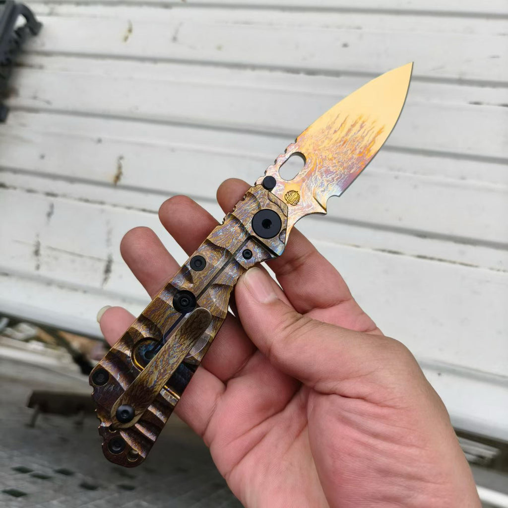 D2 Steel EDC Folding Pocket Knife | CNC Titanium Handle & Flame Finish Blade