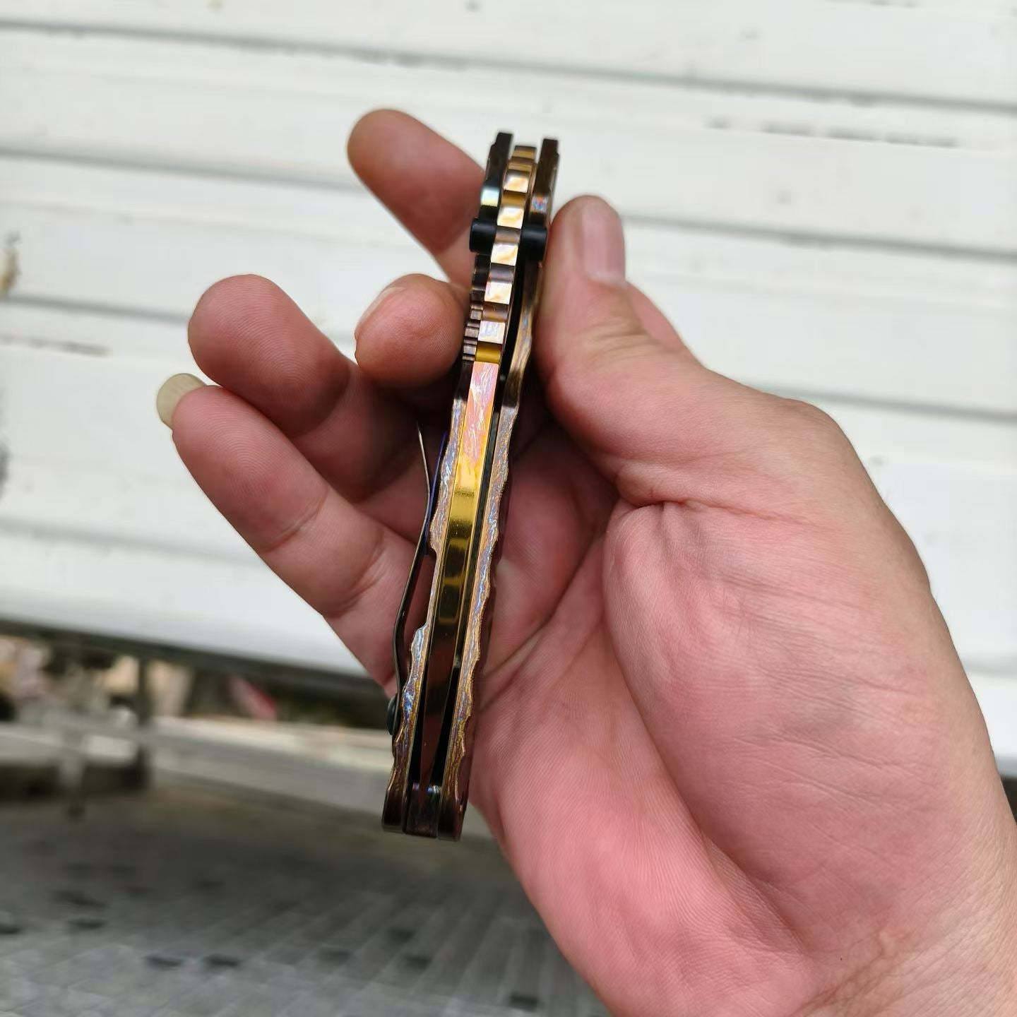 D2 Steel EDC Folding Pocket Knife | CNC Titanium Handle & Flame Finish Blade