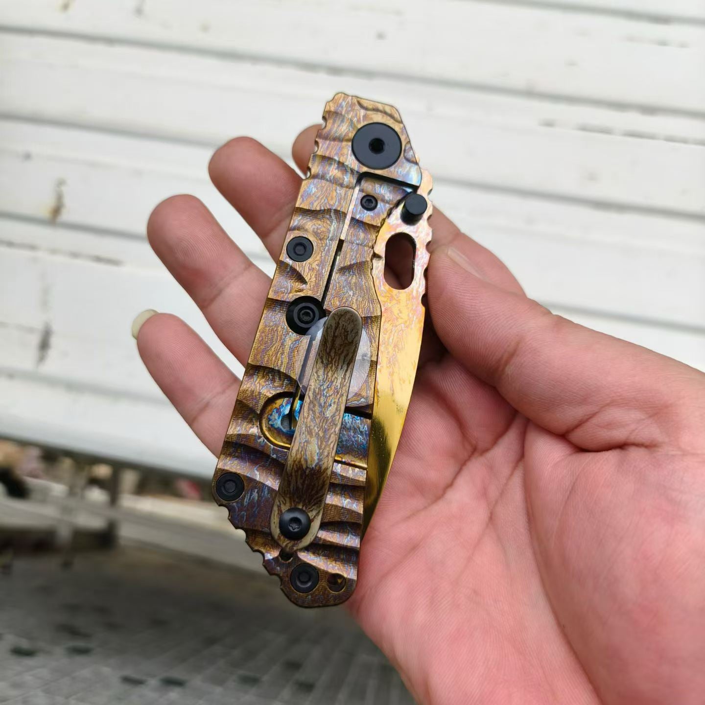 D2 Steel EDC Folding Pocket Knife | CNC Titanium Handle & Flame Finish Blade