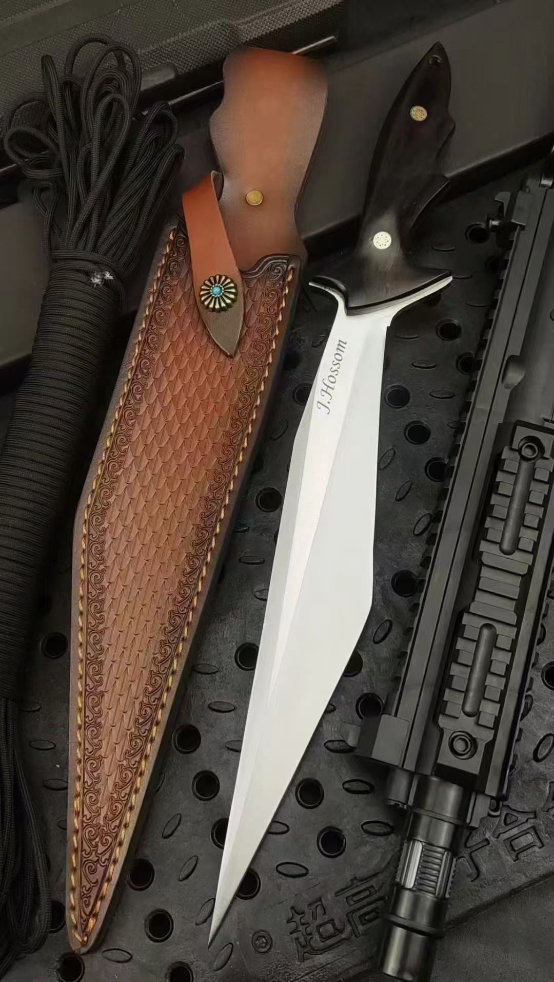 CPM-3V Full Tang Fixed Blade Knife - Black Gold Wood Handle with Leather Sheath
