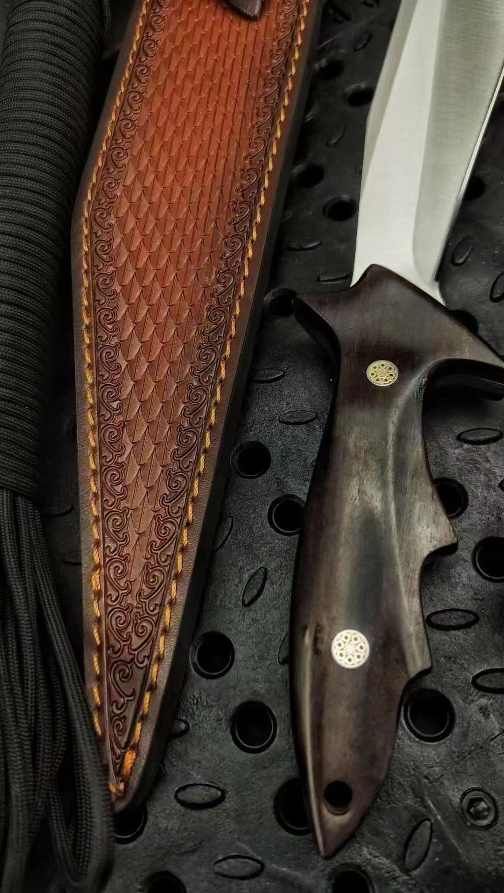 CPM-3V Full Tang Fixed Blade Knife - Black Gold Wood Handle with Leather Sheath