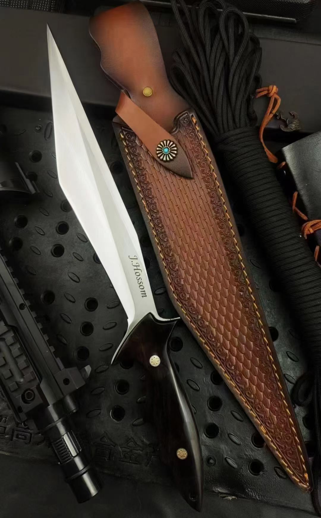 CPM-3V Full Tang Fixed Blade Knife - Black Gold Wood Handle with Leather Sheath