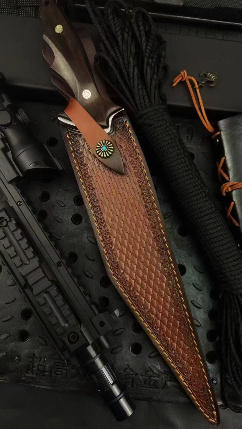 CPM-3V Full Tang Fixed Blade Knife - Black Gold Wood Handle with Leather Sheath