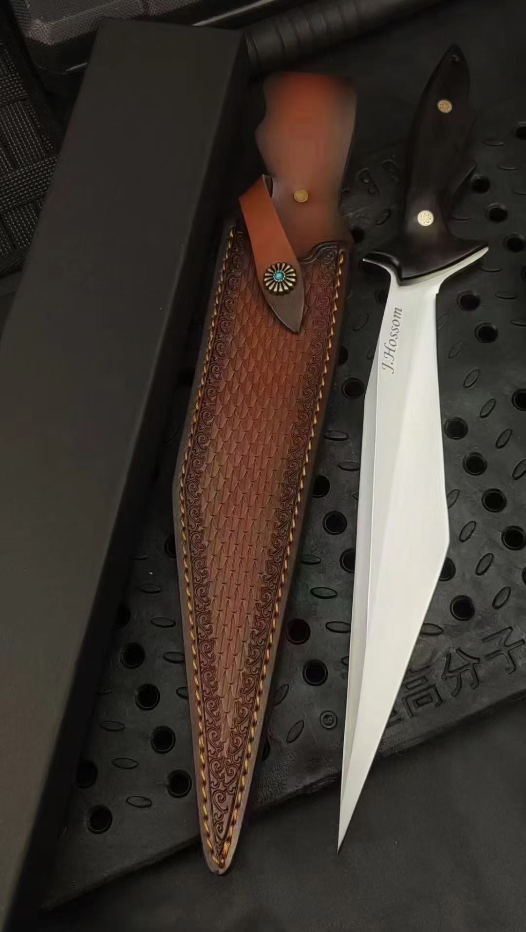 CPM-3V Full Tang Fixed Blade Knife - Black Gold Wood Handle with Leather Sheath