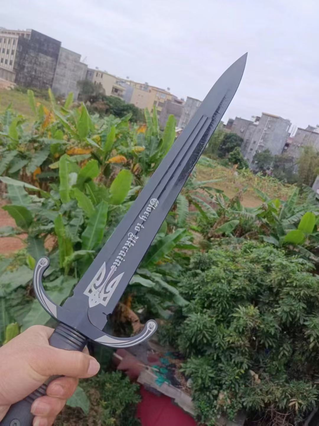 Heavy Duty Full Tang Battle Sword - Titanium Black 9Cr18 Steel | G10 Handle | Lacquered Wood Sheath