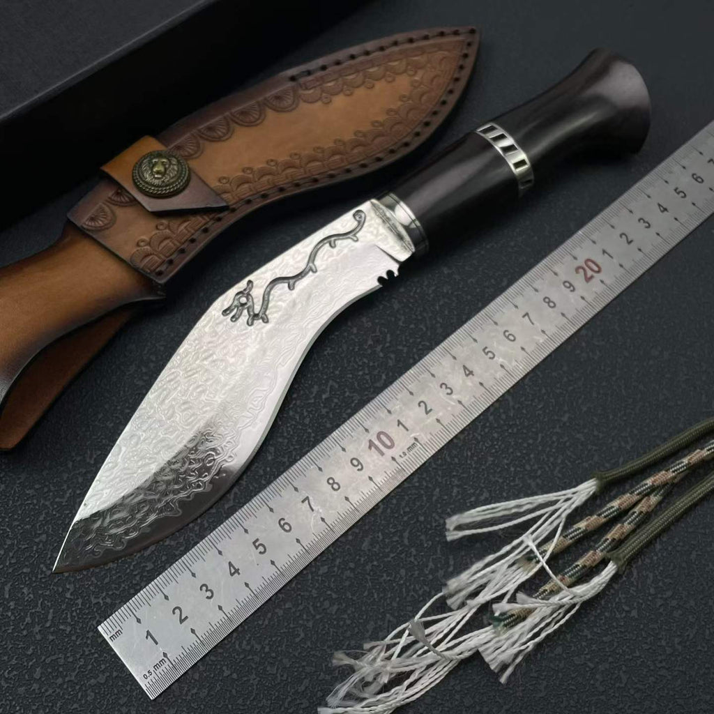 Damascus Steel Fixed Blade Knife - Ebony Handle with Leather Sheath