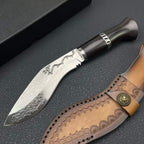 Damascus Steel Fixed Blade Knife - Ebony Handle with Leather Sheath