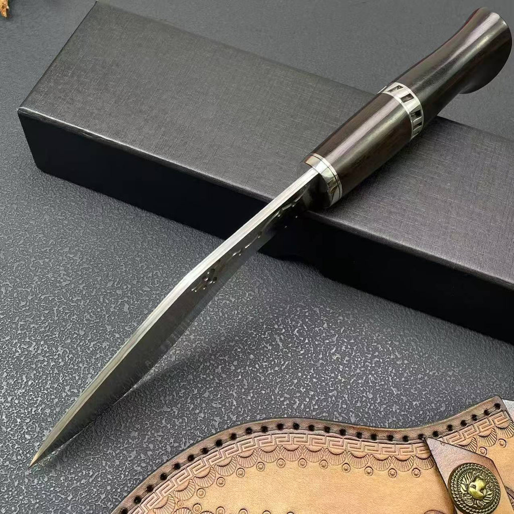 Damascus Steel Fixed Blade Knife - Ebony Handle with Leather Sheath
