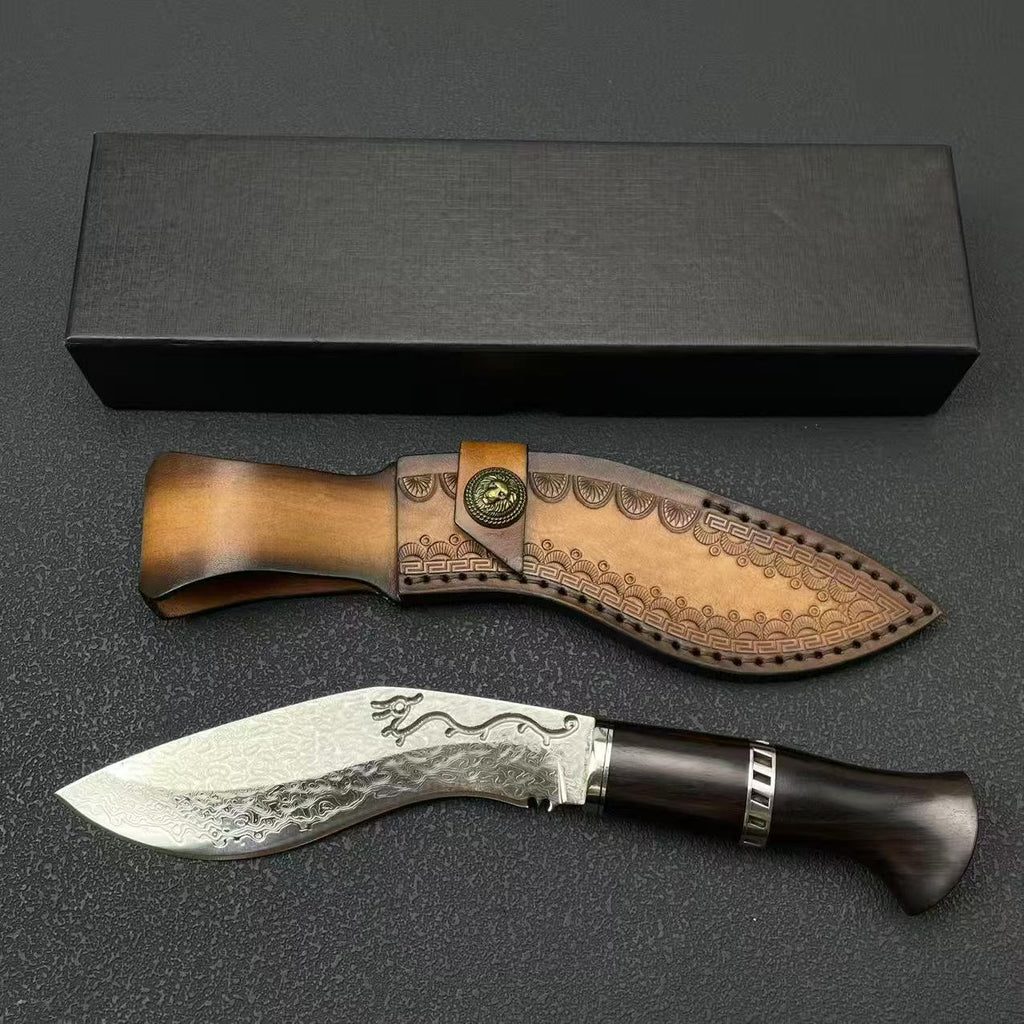 Damascus Steel Fixed Blade Knife - Ebony Handle with Leather Sheath