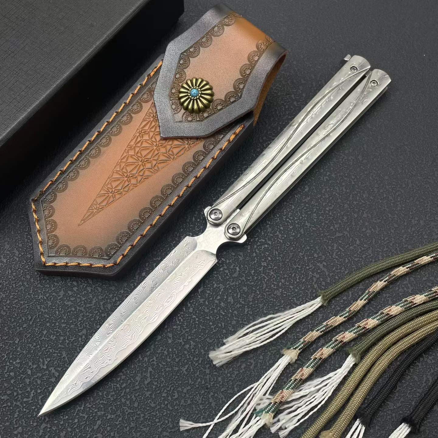 228-Layer Damascus VG10 Pocket Tool - Engraved Stainless Steel Handle with Leather Sheath