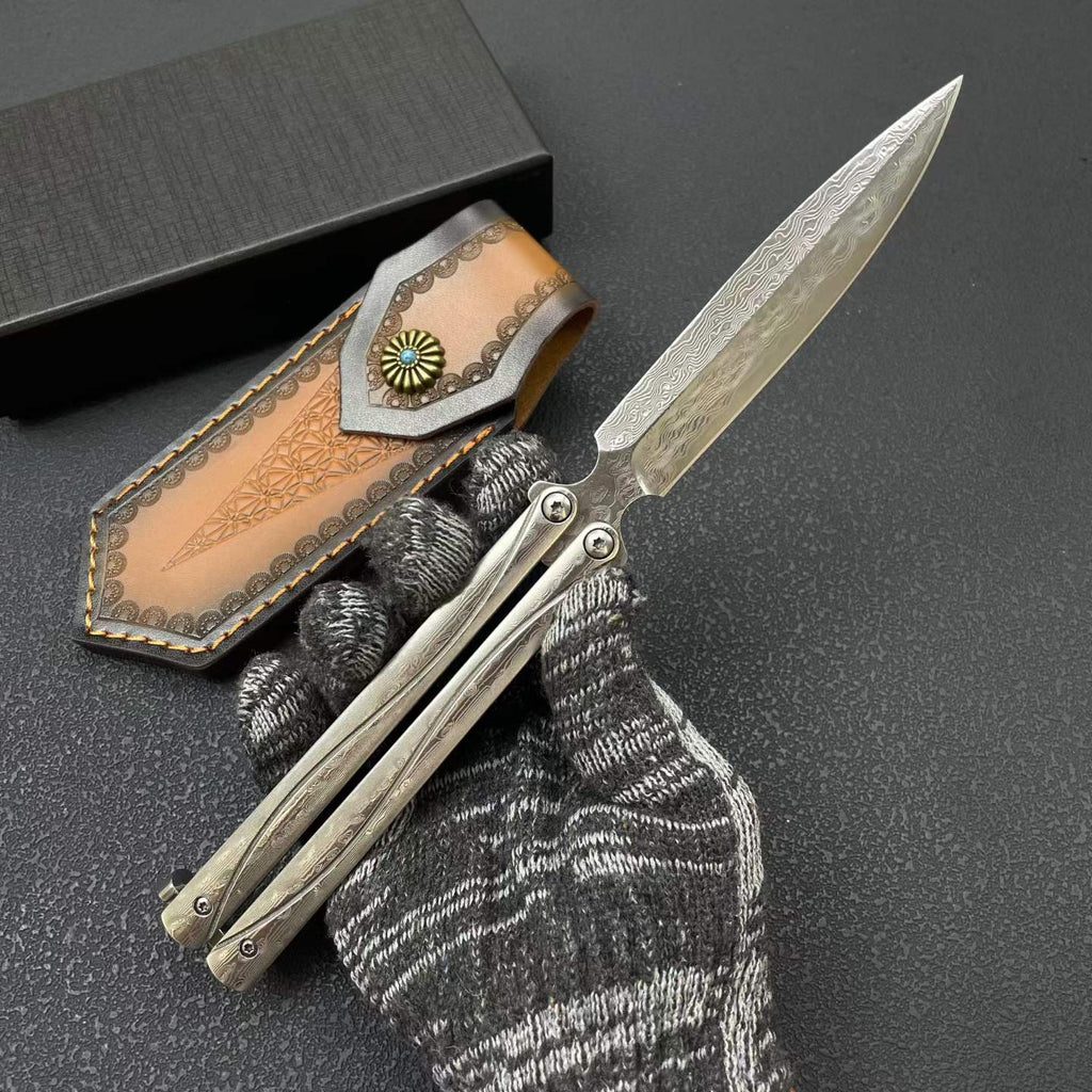 228-Layer Damascus VG10 Pocket Tool - Engraved Stainless Steel Handle with Leather Sheath
