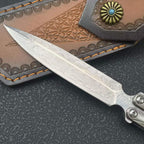 228-Layer Damascus VG10 Pocket Tool - Engraved Stainless Steel Handle with Leather Sheath