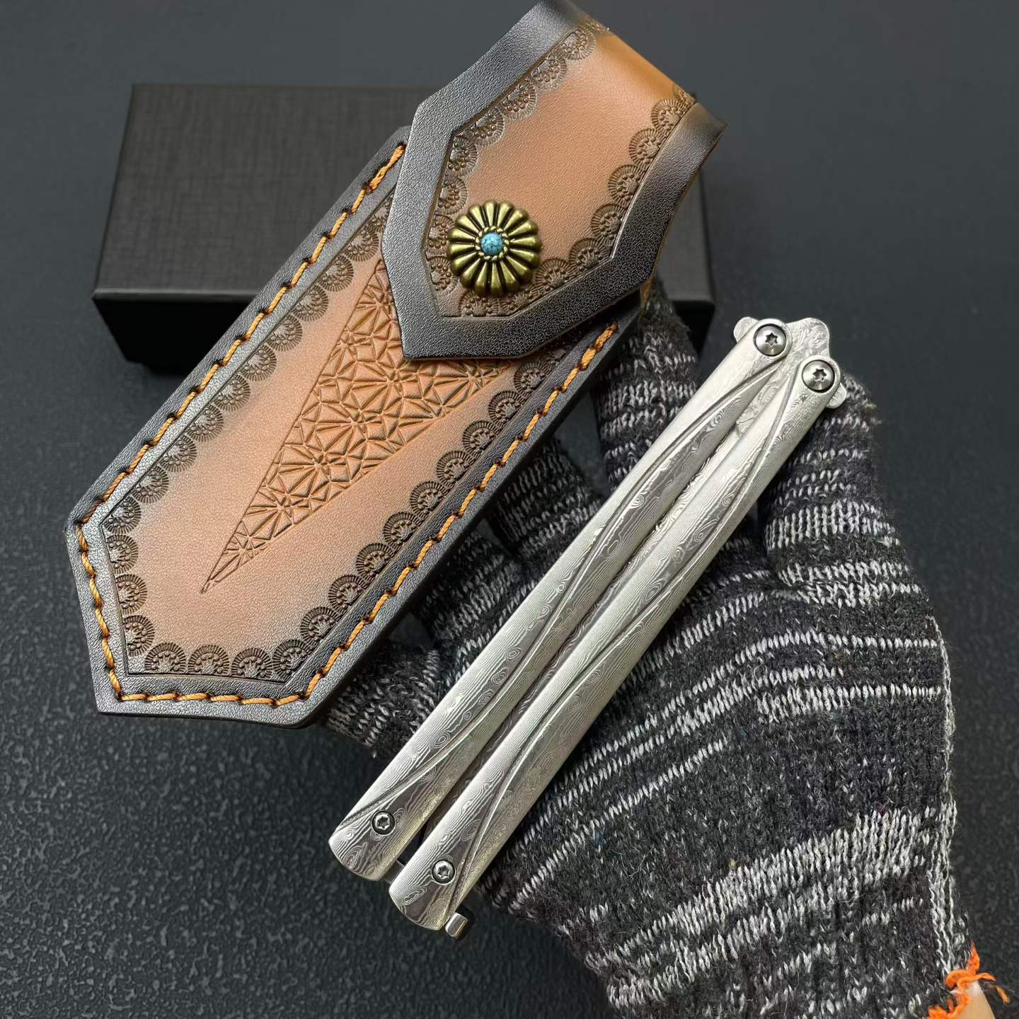 228-Layer Damascus VG10 Pocket Tool - Engraved Stainless Steel Handle with Leather Sheath
