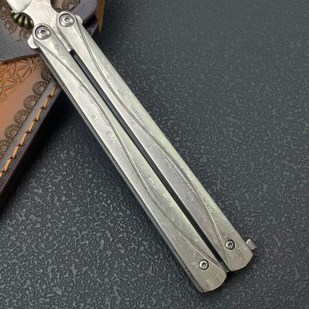 228-Layer Damascus VG10 Pocket Tool - Engraved Stainless Steel Handle with Leather Sheath