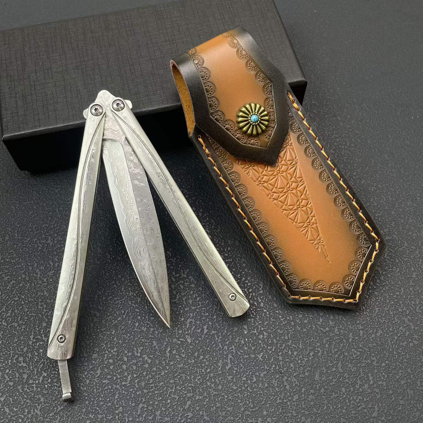 228-Layer Damascus VG10 Pocket Tool - Engraved Stainless Steel Handle with Leather Sheath