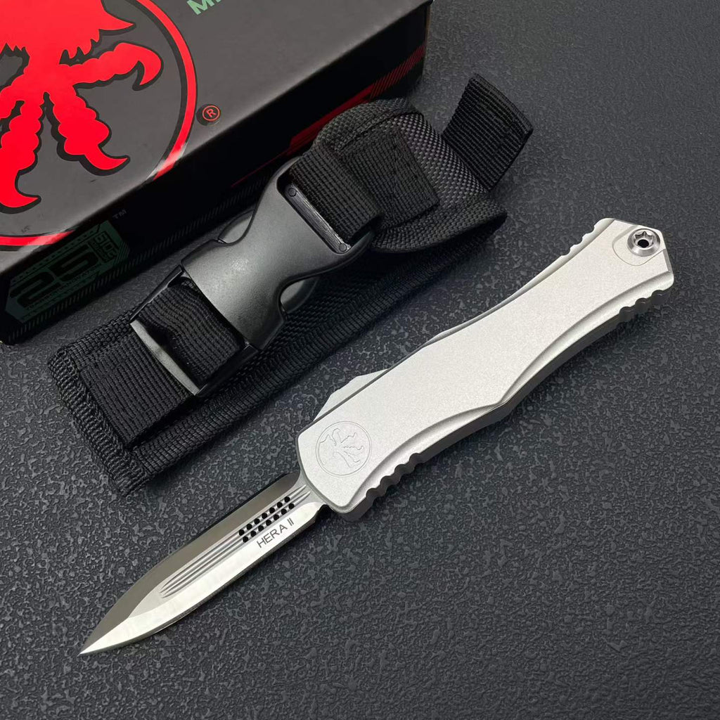 Hera II OTF Knife | 8Cr14MoV Steel | Aerospace Aluminum Handle | Black / Silver
