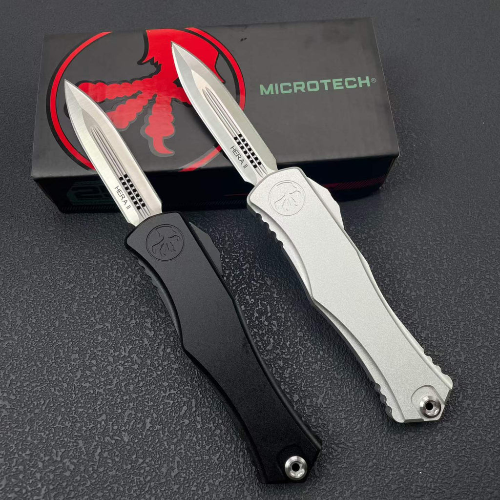 Hera II OTF Knife | 8Cr14MoV Steel | Aerospace Aluminum Handle | Black / Silver