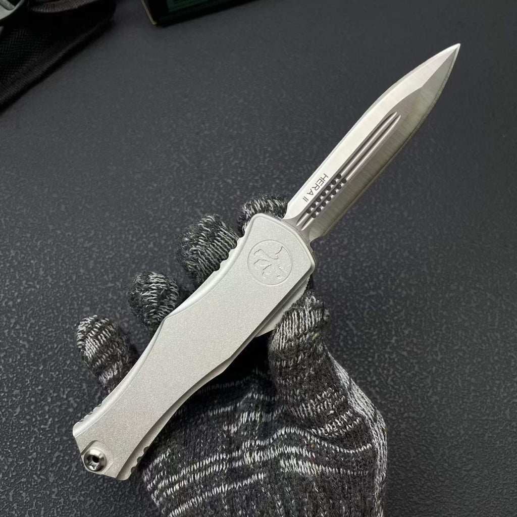 Hera II OTF Knife | 8Cr14MoV Steel | Aerospace Aluminum Handle | Black / Silver