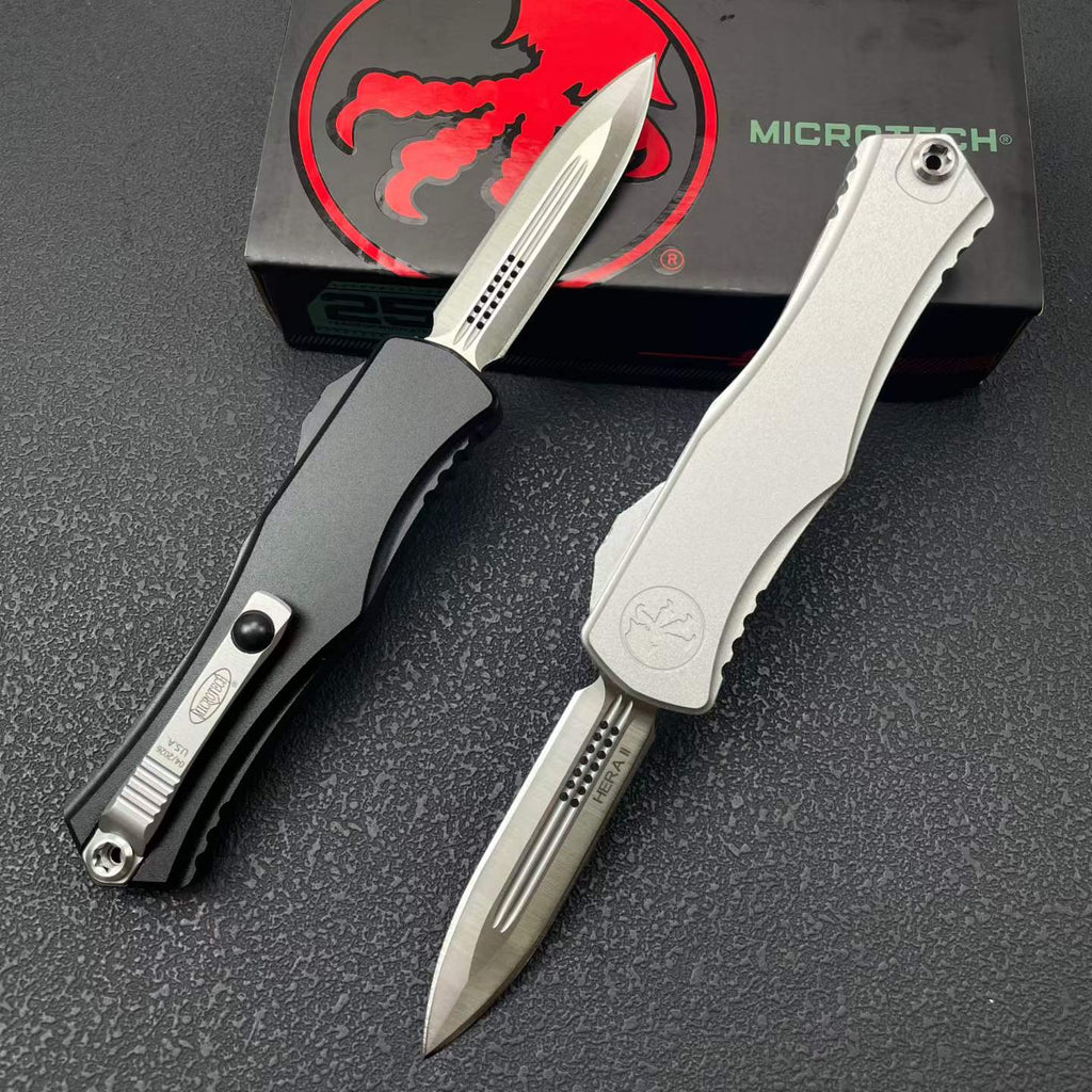 Hera II OTF Knife | 8Cr14MoV Steel | Aerospace Aluminum Handle | Black / Silver