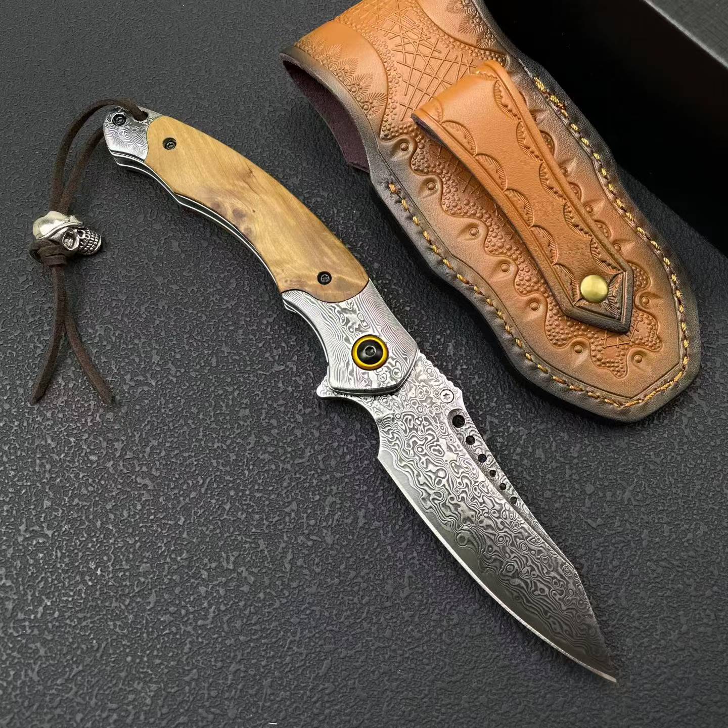 Damascus Folding Knife – 228-Layer VG10 Steel & Burl Wood Handle