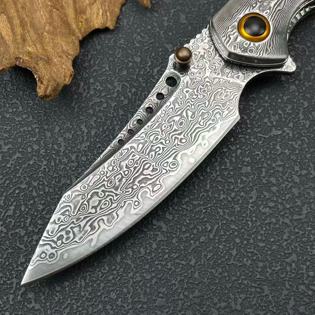 Damascus Folding Knife – 228-Layer VG10 Steel & Burl Wood Handle