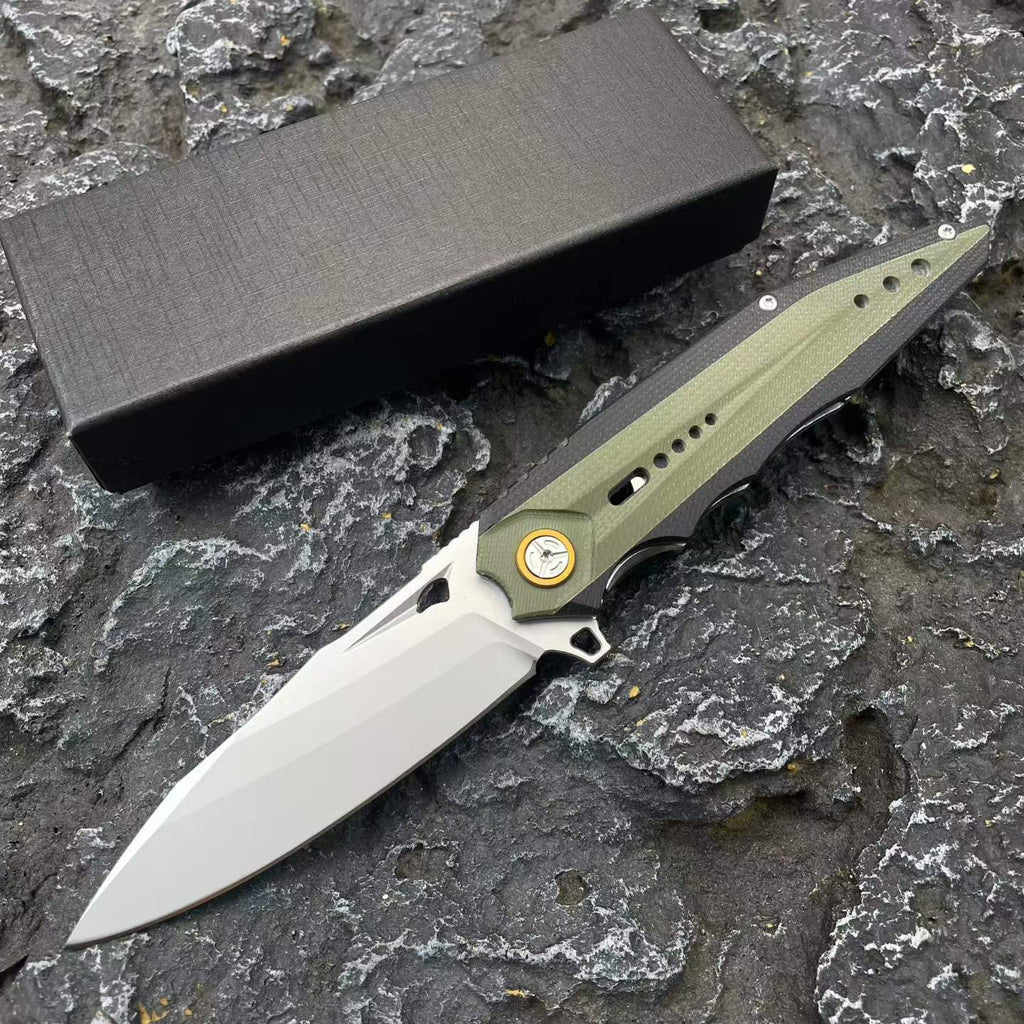 D2 Steel Folding Knife – 61-62 HRC CNC Ground Black & Green G10 Handle
