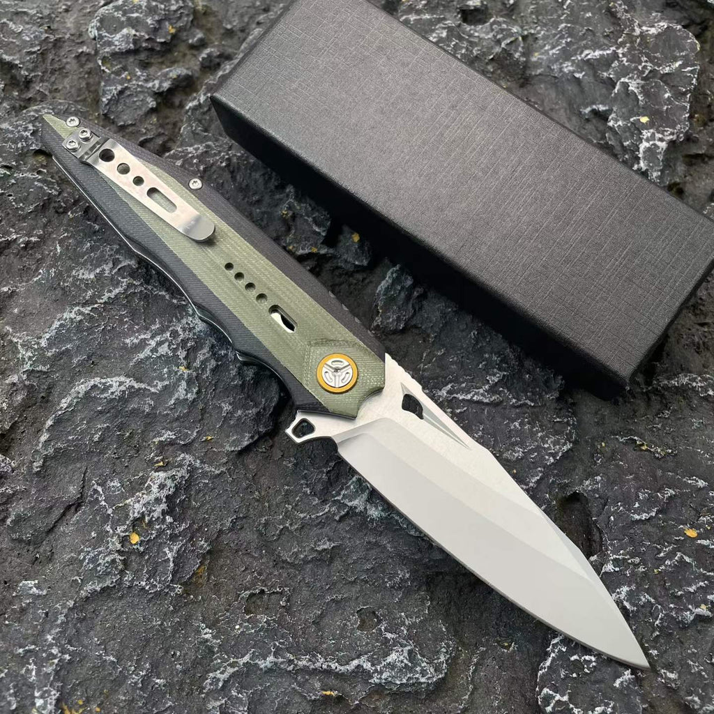 D2 Steel Folding Knife – 61-62 HRC CNC Ground Black & Green G10 Handle