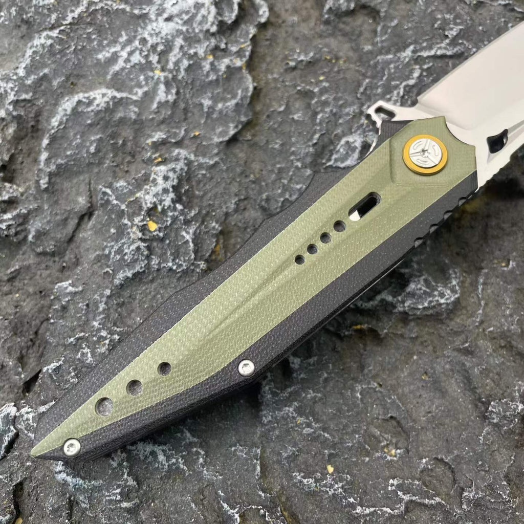 D2 Steel Folding Knife – 61-62 HRC CNC Ground Black & Green G10 Handle