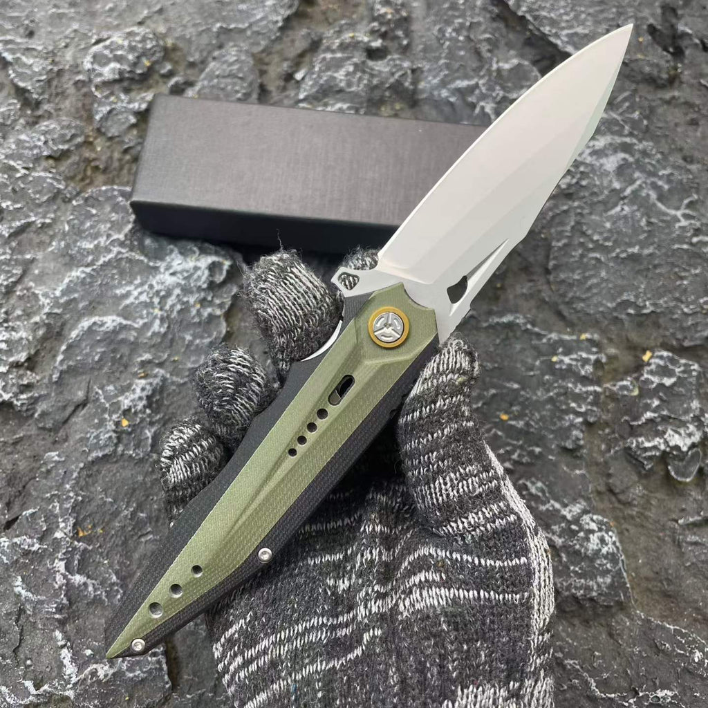 D2 Steel Folding Knife – 61-62 HRC CNC Ground Black & Green G10 Handle