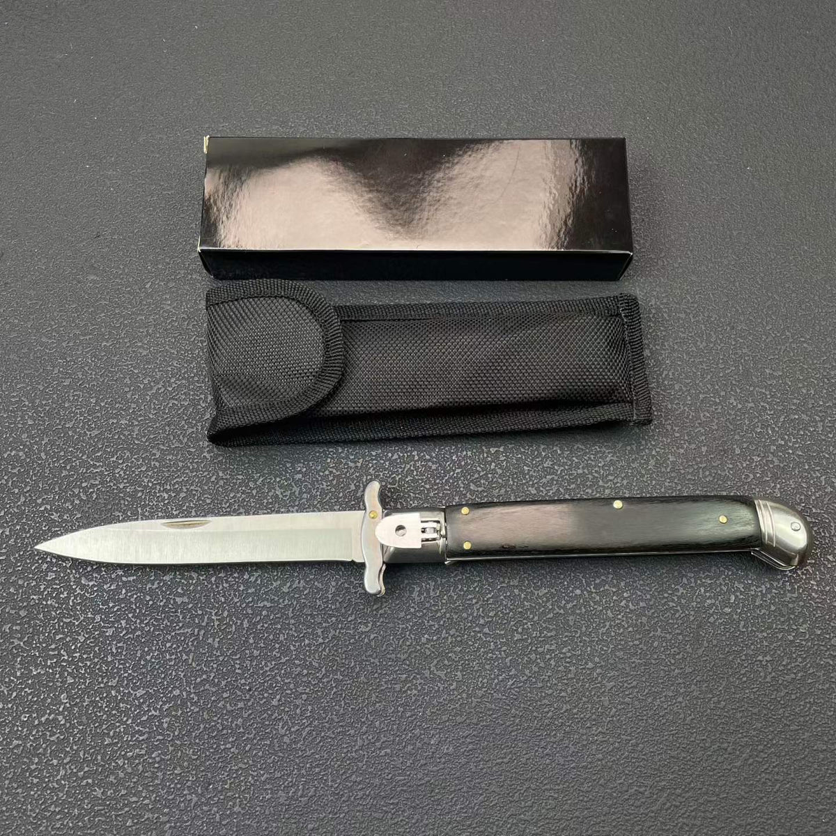 Classic Stiletto Folding Knife 8CR14MOV Blade Acrylic/Ebony Wood Handle