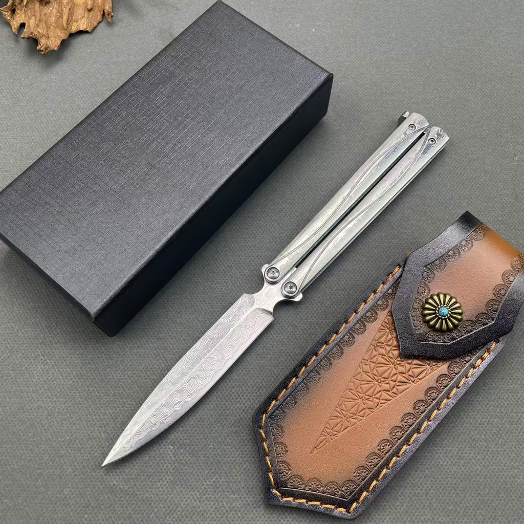 Premium Damascus Steel Folding Knife - Engraved Stainless Handle, VG10 Core