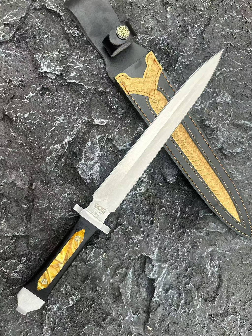 48CM Double-Edged Dagger - 9Cr18MoV Satin Blade, Ebony & Acrylic Inlay Handle with Leather Sheath