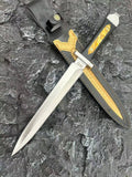 48cm double-edged dagger with satin blade, ebony and acrylic handle and leather sheath